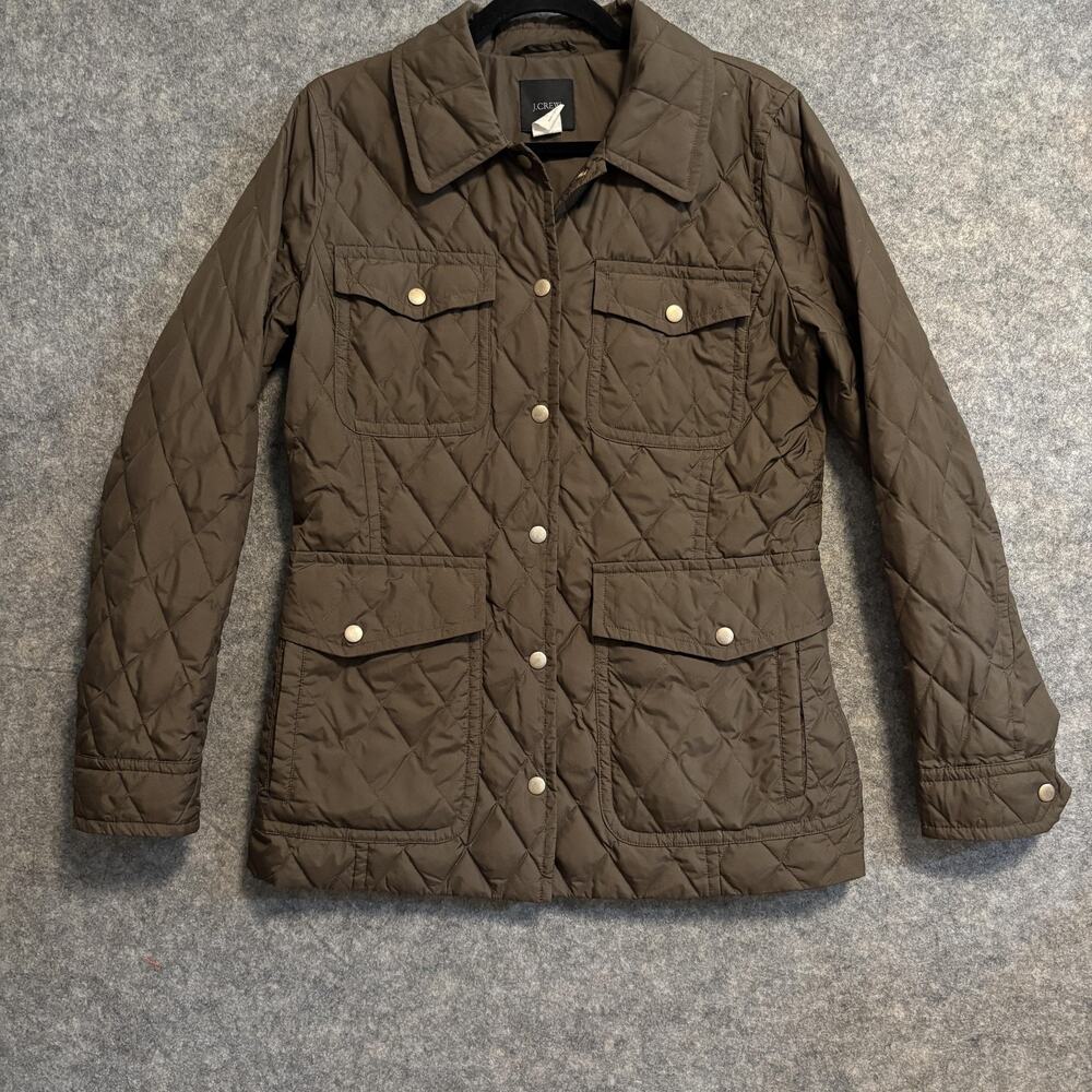 J Crew Jacket Womens Size Medium Green Quilted Down Snap Pockets Mid Length Coat - Picture 1 of 14
